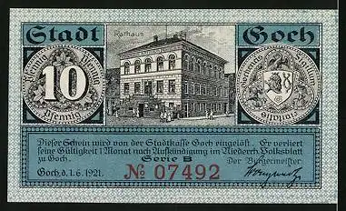 Notgeld Goch 1921, 10 Pfennig, Steintor und Haus zu den Fünf Ringen