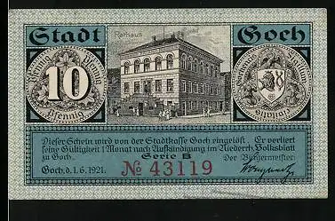 Notgeld Goch 1921, 10 Pfennig, Ansicht vom Rathaus, Steintor, Wappen