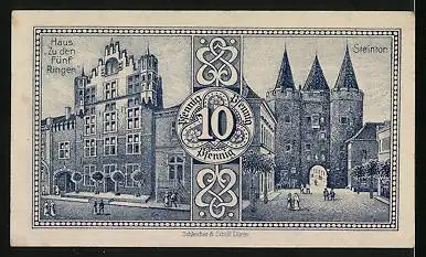 Notgeld Goch 1921, 10 Pfennig, Ansicht vom Rathaus, Steintor, Wappen