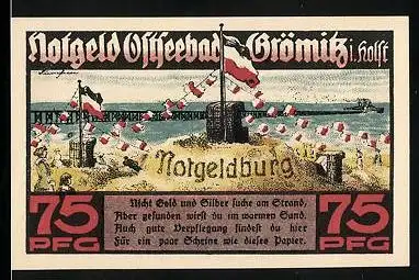 Notgeld Grömitz 1921, 75 Pfennig, Strand mit Dampfer