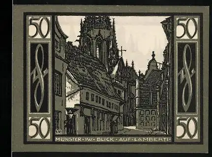 Notgeld Münster i. W. 1921, 50 Pfennig, Ortspartie mit Lambertikirche, Stadtpanorama, Wappen