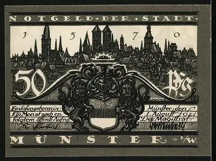 Notgeld Münster i. W. 1921, 50 Pfennig, Ortspartie mit Lambertikirche, Stadtpanorama, Wappen