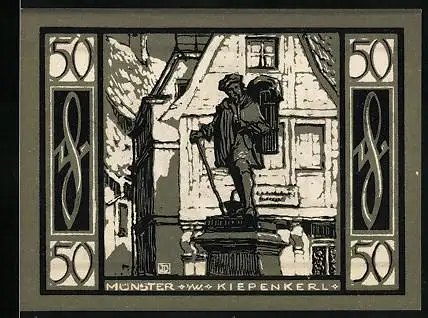 Notgeld Münster i. W. 1921, 50 Pfennig, Kiepenkerl, Stadtpanorama, Wappen