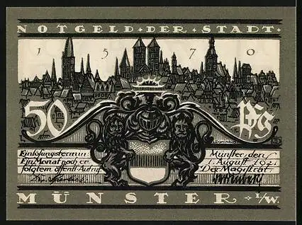 Notgeld Münster i. W. 1921, 50 Pfennig, Kiepenkerl, Stadtpanorama, Wappen