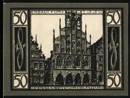 Notgeld Münster i. W. 1921, 50 Pfennig, Rathaus, Stadtpanorama, Wappen