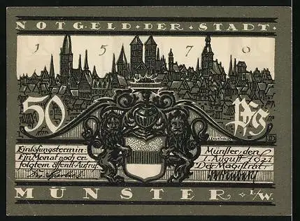 Notgeld Münster i. W. 1921, 50 Pfennig, Rathaus, Stadtpanorama, Wappen