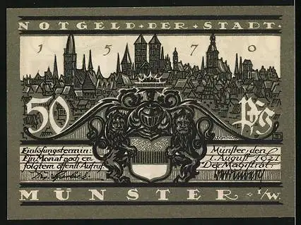 Notgeld Münster i. W. 1921, 50 Pfennig, Schmisinger Hof, Stadtpanorama, Wappen
