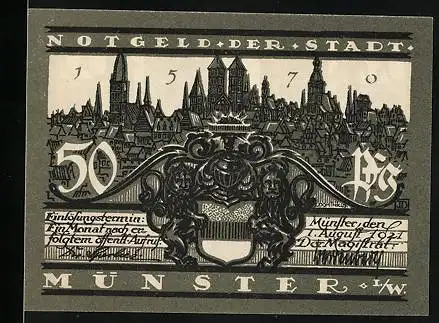 Notgeld Münster i. W. 1921, 50 Pfennig, Dom-Westwerk, Stadtpanorama, Wappen