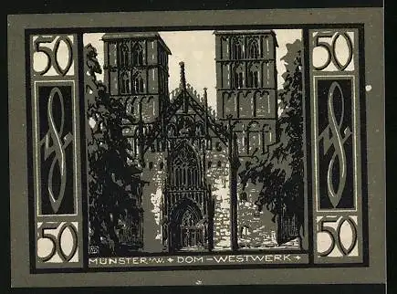 Notgeld Münster i. W. 1921, 50 Pfennig, Dom-Westwerk, Stadtpanorama, Wappen