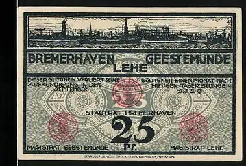 Notgeld Bremerhaven 1920, 25 Pfennig, Stadtpanorama, Fische, Ornamente