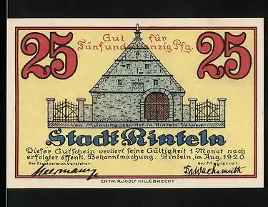 Notgeld Rinteln 1920, 25 Pfennig, Von Münchhausen Hof, Gefangener Bär