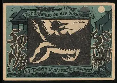 Notgeld Lichtenstein-Callnberg 1921, 50 Pfennig, Blessierter Satan, Bergarbeiter mit Kohle-Lore, Eule