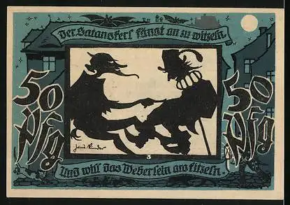 Notgeld Lichtenstein-Callnberg 1921, 50 Pfennig, Satan und Weber, Bergarbeiter mit Kohle-Lore, Eule