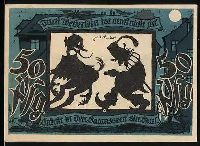 Notgeld Lichtenstein-Callnberg 1921, 50 Pfennig, Satan und Weberlein, Bergarbeiter mit Kohle-Lore, Eule
