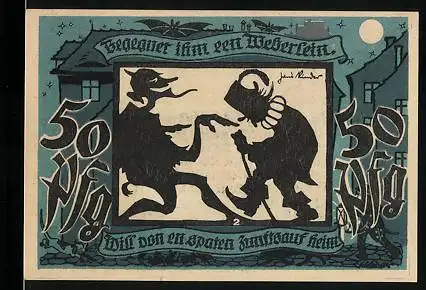 Notgeld Lichtenstein-Callnberg 1921, 50 Pfennig, Satan und Weber, Bergarbeiter mit Kohle-Lore, Weber