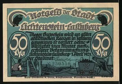 Notgeld Lichtenstein-Callnberg 1921, 50 Pfennig, Satan und Weber, Bergarbeiter mit Kohle-Lore, Weber