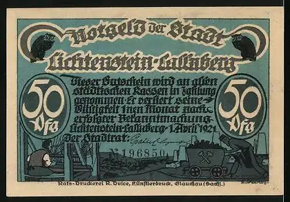 Notgeld Lichtenstein-Callnberg 1921, 50 Pfennig, Satan in der Geisterstunde, Bergarbeiter und Weber, Eule
