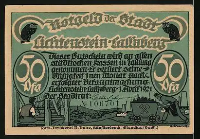Notgeld Lichtenstein-Callnberg 1921, 50 Pfennig, Satan und Weberlein, Bergarbeiter und Weber, Eule