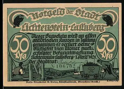 Notgeld Lichtenstein-Callnberg 1921, 50 Pfennig, Satanskerl und Weberlein, Bergarbeiter und Weber, Eule