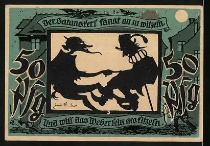 Notgeld Lichtenstein-Callnberg 1921, 50 Pfennig, Satanskerl und Weberlein, Bergarbeiter und Weber, Eule