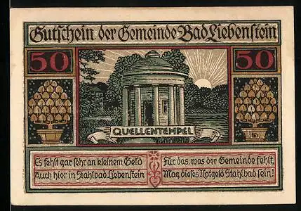 Notgeld Bad Liebenstein, 50 Pfennig, Ortsansicht, Quellentempel