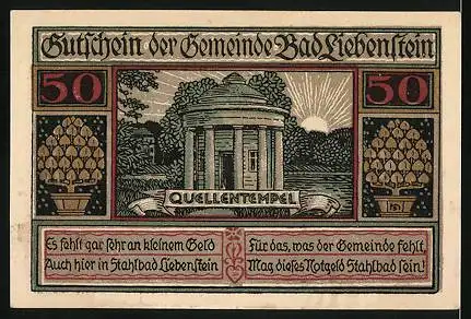 Notgeld Bad Liebenstein, 50 Pfennig, Ortsansicht, Quellentempel