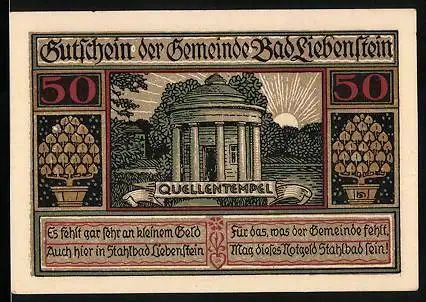 Notgeld Bad Liebenstein, 50 Pfennig, Ortsansicht, Quellentempel