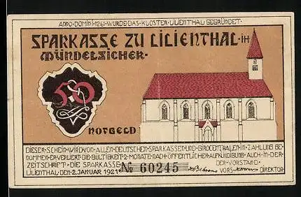 Notgeld Lilienthal i. H. 1921, 50 Pfennig, Kirche, Segelboot, Kühe