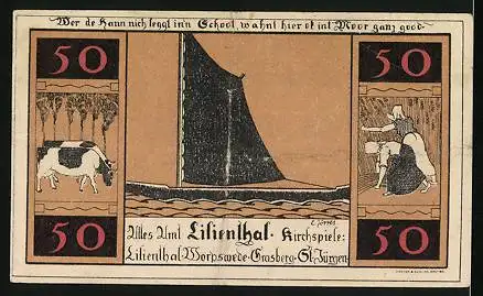 Notgeld Lilienthal i. H. 1921, 50 Pfennig, Kirche, Segelboot, Kühe