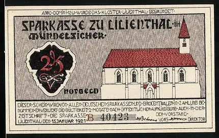 Notgeld Lilienthal i. H. 1921, 25 Pfennig, Kirche, Segelboot, Kühe