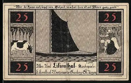 Notgeld Lilienthal i. H. 1921, 25 Pfennig, Kirche, Segelboot, Kühe