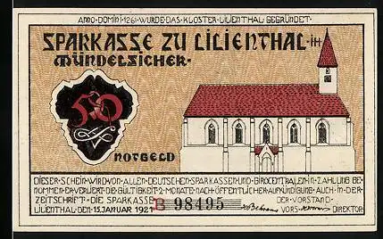 Notgeld Lilienthal i. H. 1921, 50 Pfennig, Kirche, Segelboot, Kühe