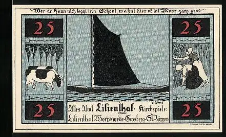 Notgeld Lilienthal i. H. 1921, 25 Pfennig, Kirche, Segelboot, Kühe