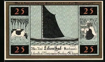 Notgeld Lilienthal i. H. 1921, 25 Pfennig, Kirche, Segelboot, Kühe