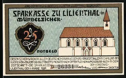 Notgeld Lilienthal i. H. 1921, 25 Pfennig, Kirche, Segelboot, Kühe