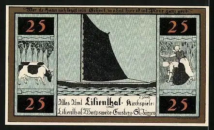 Notgeld Lilienthal i. H. 1921, 25 Pfennig, Kirche, Segelboot, Kühe