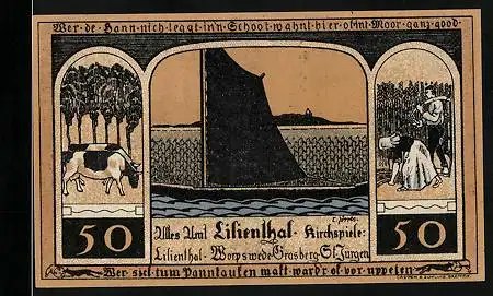 Notgeld Lilienthal i. H. 1921, 50 Pfennig, Marienbild, Kirche, Segelboot, Kühe, Landarbeiter
