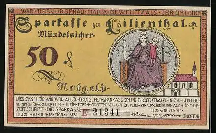 Notgeld Lilienthal i. H. 1921, 50 Pfennig, Marienbild, Kirche, Segelboot, Kühe, Landarbeiter