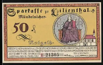 Notgeld Lilienthal i. H. 1921, 50 Pfennig, Marienbild, Kirche, Segelboot, Kühe, Landarbeiter