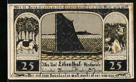 Notgeld Lilienthal i. H. 1921, 25 Pfennig, Marienbild, Kirche, Segelboot, Kühe, Landarbeiter