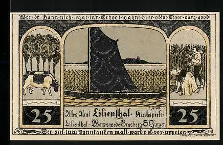 Notgeld Lilienthal i. H. 1921, 25 Pfennig, Marienbild, Kirche, Segelboot, Kühe, Landarbeiter