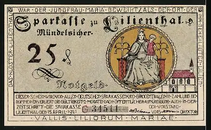 Notgeld Lilienthal i. H. 1921, 25 Pfennig, Marienbild, Kirche, Segelboot, Kühe, Landarbeiter