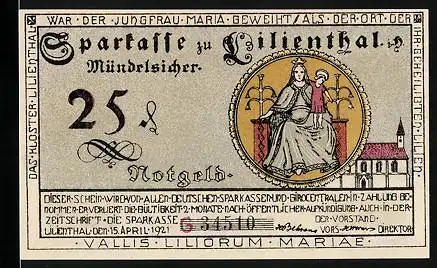 Notgeld Lilienthal i. H. 1921, 25 Pfennig, Maria mit Kind, Kirche, Segelboot, Kühe, Landarbeiter