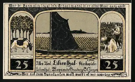 Notgeld Lilienthal i. H. 1921, 25 Pfennig, Maria mit Kind, Kirche, Segelboot, Kühe, Landarbeiter