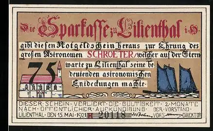 Notgeld Lilienthal i. H. 1921, 75 Pfennig, Portrait Johann Hieronymus Schroeter, Kirche, Segelboot