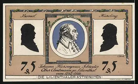 Notgeld Lilienthal i. H. 1921, 75 Pfennig, Portrait Johann Hieronymus Schroeter, Kirche, Segelboot