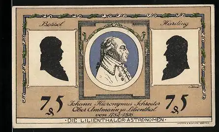 Notgeld Lilienthal i. H. 1921, 75 Pfennig, Portrait Johann Hieronymus Schroeter, Kirche, Segelboot