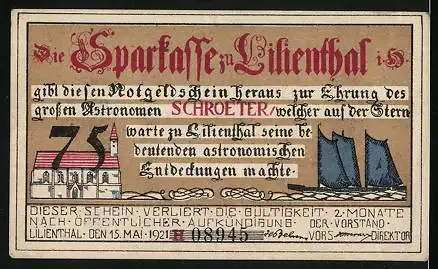 Notgeld Lilienthal i. H. 1921, 75 Pfennig, Portrait Johann Hieronymus Schroeter, Kirche, Segelboot