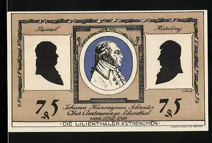 Notgeld Lilienthal i. H. 1921, 75 Pfennig, Portrait Johann Hieronymus Schroeter, Kirche, Segelboot