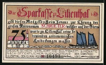 Notgeld Lilienthal i. H. 1921, 75 Pfennig, Portrait Johann Hieronymus Schroeter, Kirche, Segelboot